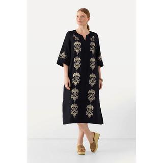 Ulla Popken Leinen Maxikleid Stickerei Tunika Ausschnitt 3/4 Arm  