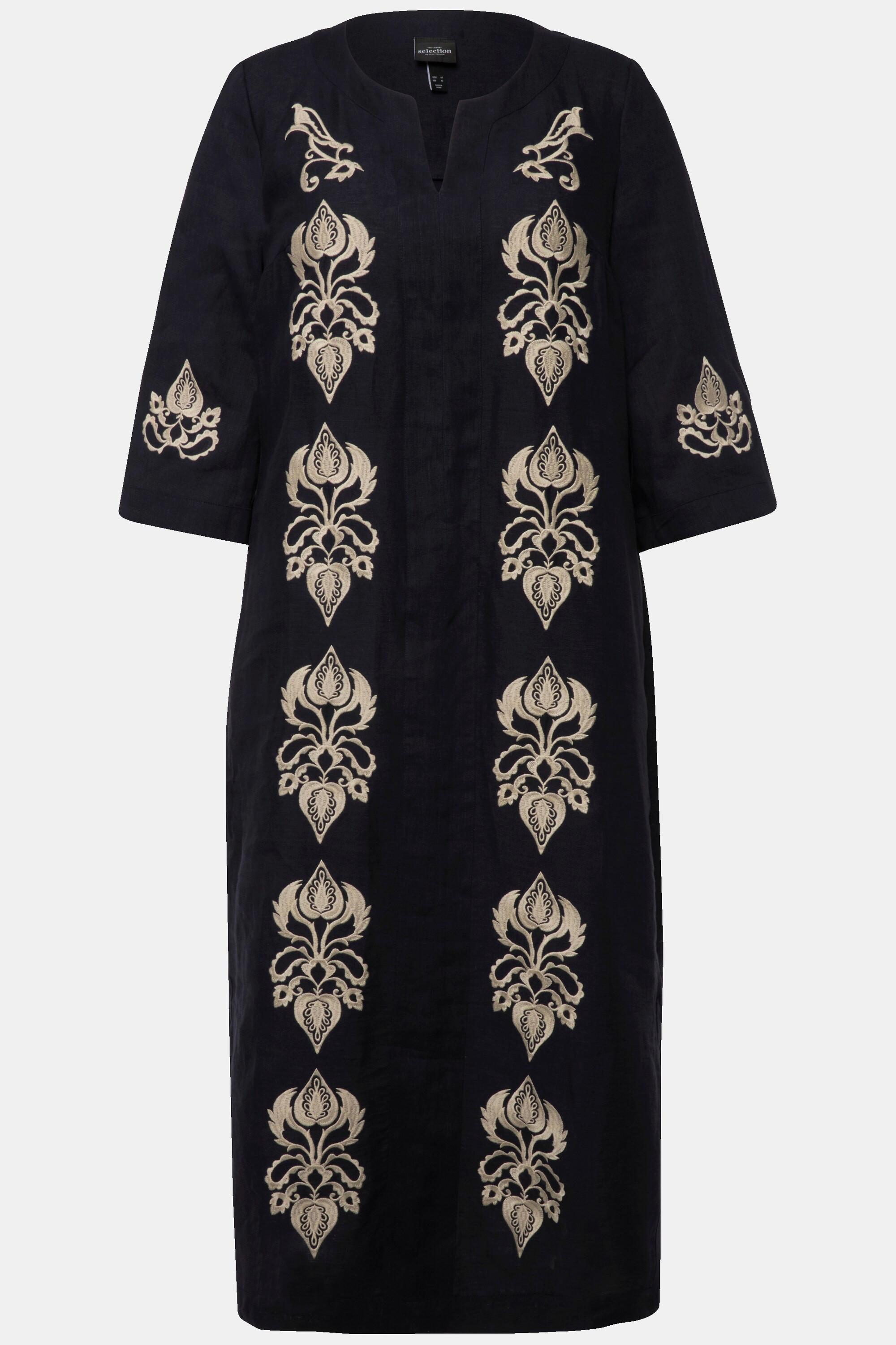 Ulla Popken Leinen Maxikleid Stickerei Tunika Ausschnitt 3/4 Arm  