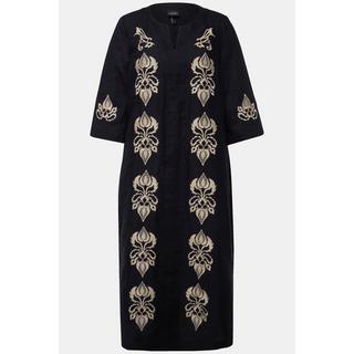 Ulla Popken Leinen Maxikleid Stickerei Tunika Ausschnitt 3/4 Arm  