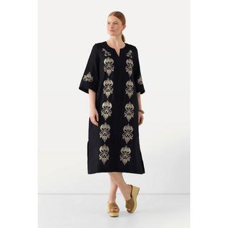 Ulla Popken Leinen Maxikleid Stickerei Tunika Ausschnitt 3/4 Arm  