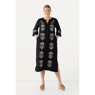 Ulla Popken Leinen Maxikleid Stickerei Tunika Ausschnitt 3/4 Arm  