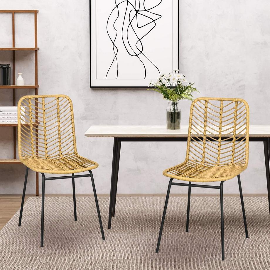 Northio Set Di 2 Sedie Da Pranzo, Set Di 2 Sedie Da Cucina Con Schienale In Effetto Rattan, Acciaio, Giallo, 44X58X85 Cm Per Sala Da Pranzo E Soggiorno  