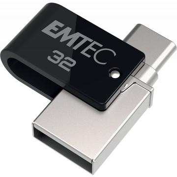 Emtec T260C lecteur USB flash 32 Go USB Type-A / USB Type-C 3.2 Gen 1 (3.1 Gen 1) Noir, Acier inoxydable