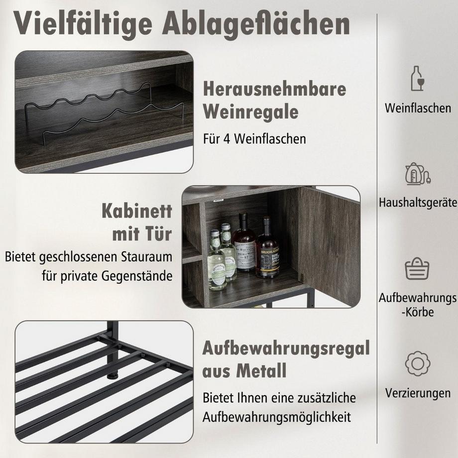 Northix Mobile Bar con Portabottiglie e Ripiani Consolle in Legno con Struttura in Metallo per Sala da Pranzo 100 x 35 x 83 cm Grigio  
