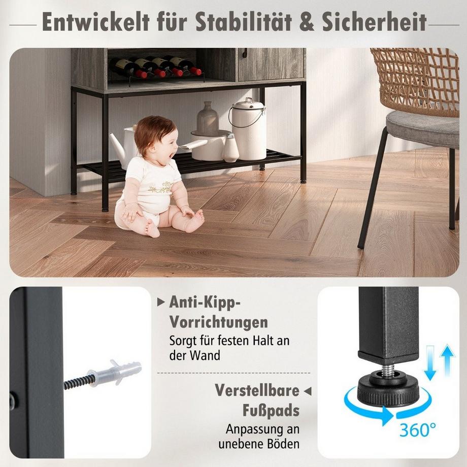 Northix Mobile Bar con Portabottiglie e Ripiani Consolle in Legno con Struttura in Metallo per Sala da Pranzo 100 x 35 x 83 cm Grigio  