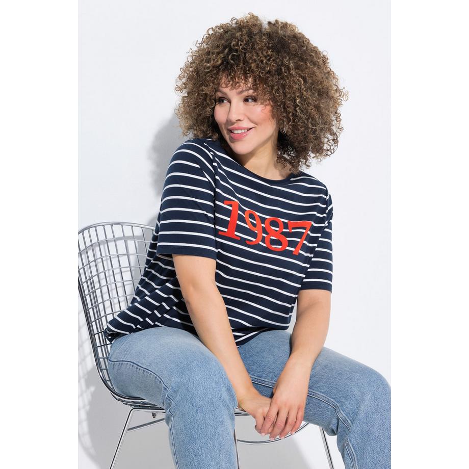 Ulla Popken Righe Stampa Floccata Scollo a Barca Mezze Maniche T-Shirt  