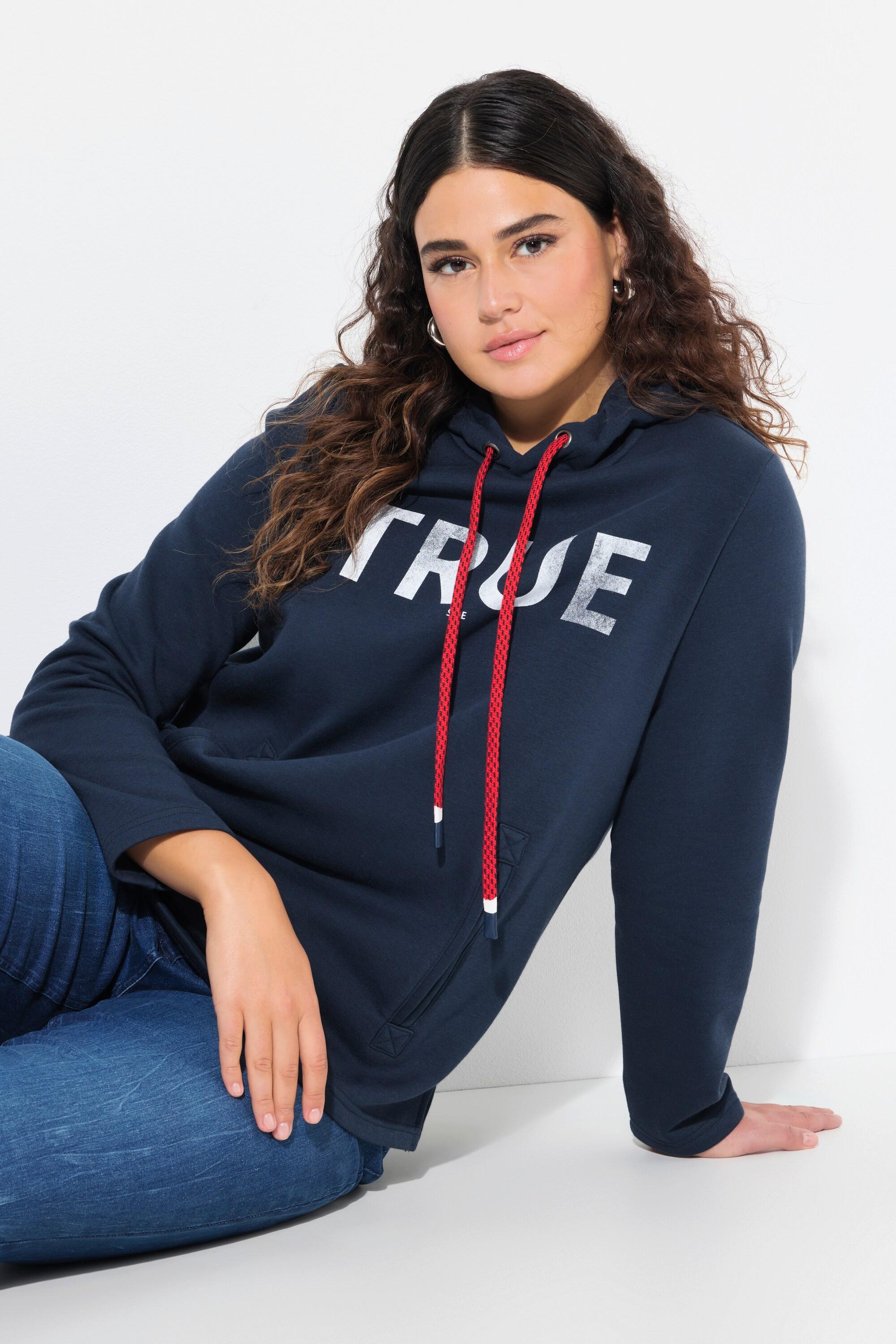 Ulla Popken  Sweat-shirt à capuche avec cordon de serrage, manches longues et poches, message TRUE 