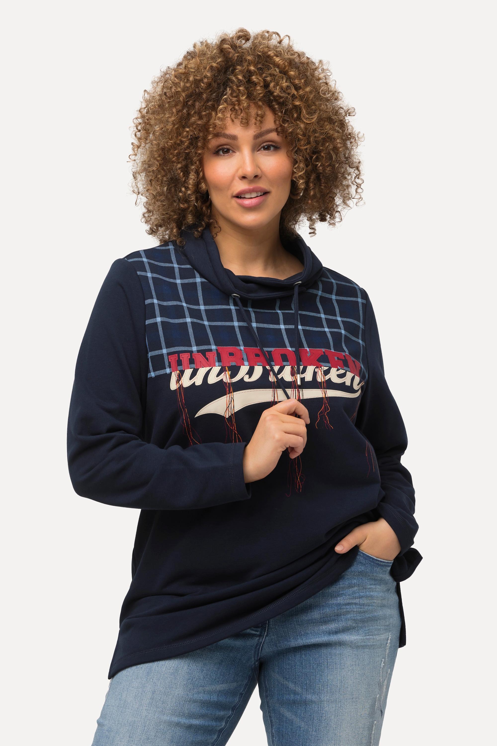 Ulla Popken Sweat-shirt à carreaux en tissu éponge col montant manches longues  