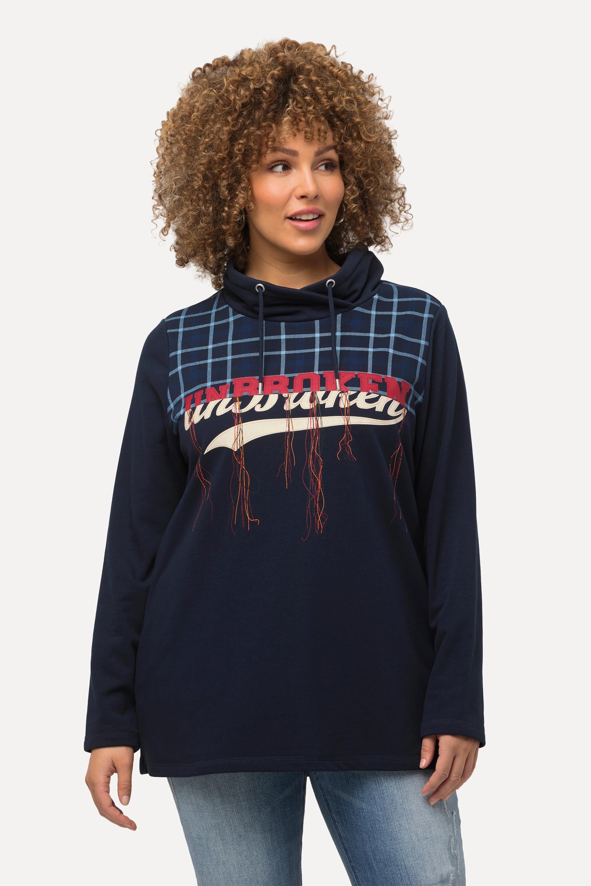 Ulla Popken Sweat-shirt à carreaux en tissu éponge col montant manches longues  