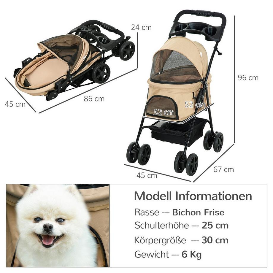 Northio  Hundewagen Hundebuggy Mit Klappfunktion Pet Stroller Für Kleine Hunde Und Katzen Haustierwagen Katzenbuggy Oxford Khaki 67 X 45 X 96 Cm 