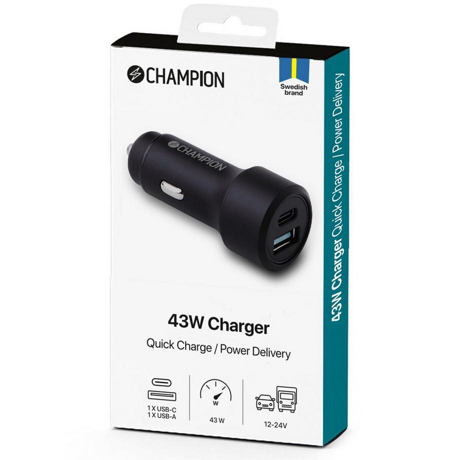 Champion  Chargeur de voiture 43W 2 ports QC/PD Noir 