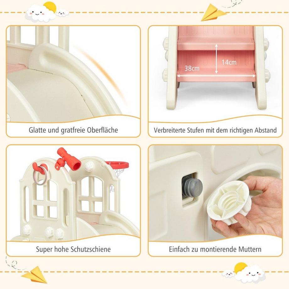 Northix  Kinderrutsche Kletterrutsche mit Basketballkorb Ball Ringwurf und Teleskop 189,5 x 83 x 98 cm Rosa 