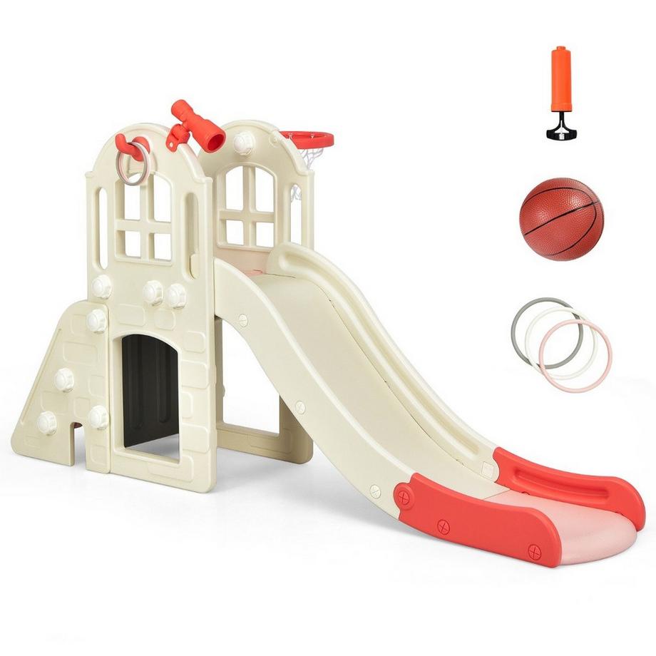 Northix  Kinderrutsche Kletterrutsche mit Basketballkorb Ball Ringwurf und Teleskop 189,5 x 83 x 98 cm Rosa 