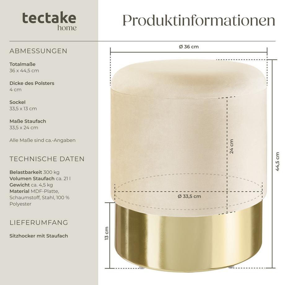 Tectake Sitzhocker mit Stauraum Sarina rund Belastbarkeit 300 kg  