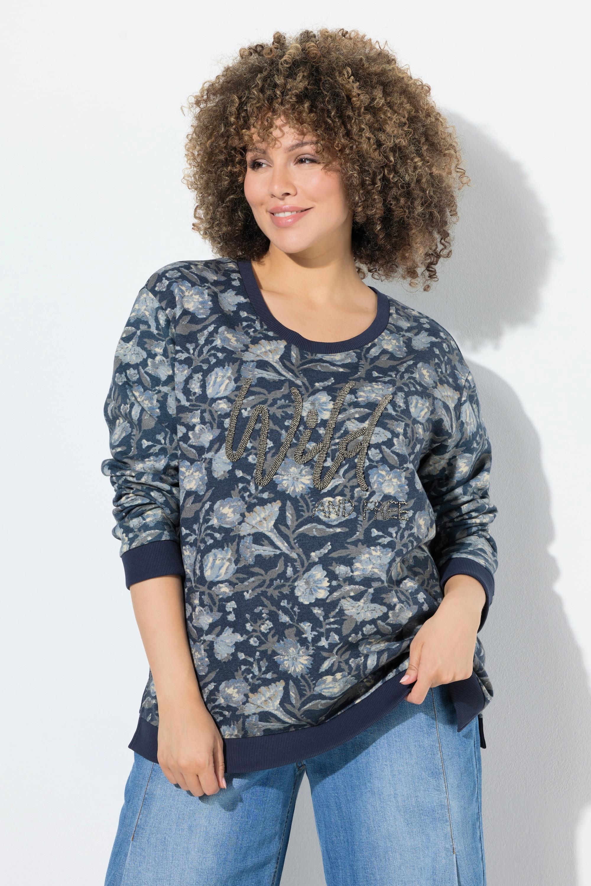 Ulla Popken Sweat-shirt Message Perles Col Rond Manches Longues  