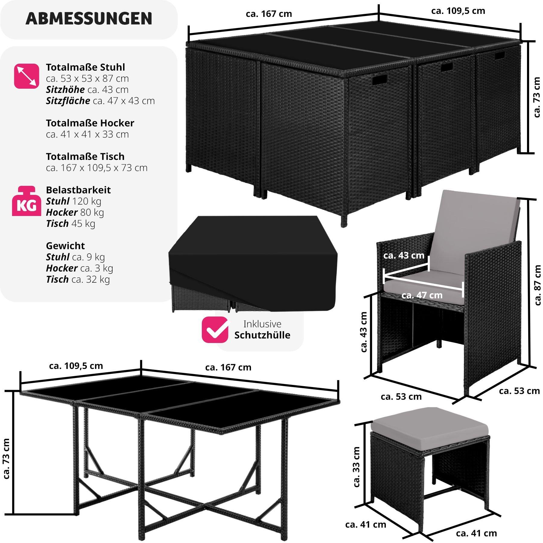 Tectake Set da giardino in rattan Malaga, 6+4+1 con copertura protettiva  