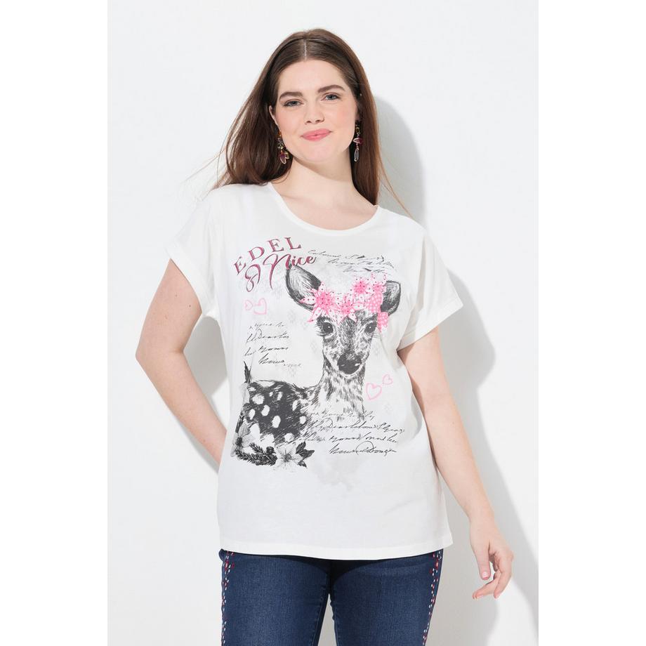 Ulla Popken T-Shirt Oversize Girocollo Mezza Manica Stampa Capriolo  