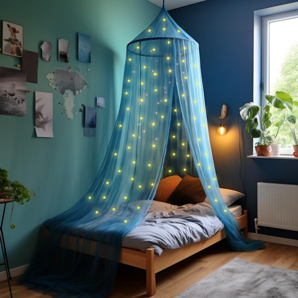 Activity-board Blauer Betthimmel mit vorgestickten leuchtenden Sternen - Prinzessin Moskitonetz für Mädchenzimmer  