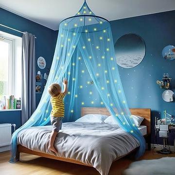 Ciel de lit bleu avec étoiles brillantes pré-encollées - Moustiquaire princesse pour décoration chambre fille bleu - Rideaux de lit à baldaquin pour enfants et lit bébé