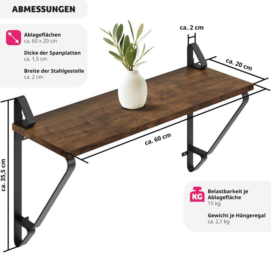 Tectake 2er Set Wandregal Irvine Industrial Style Holz und Stahl  