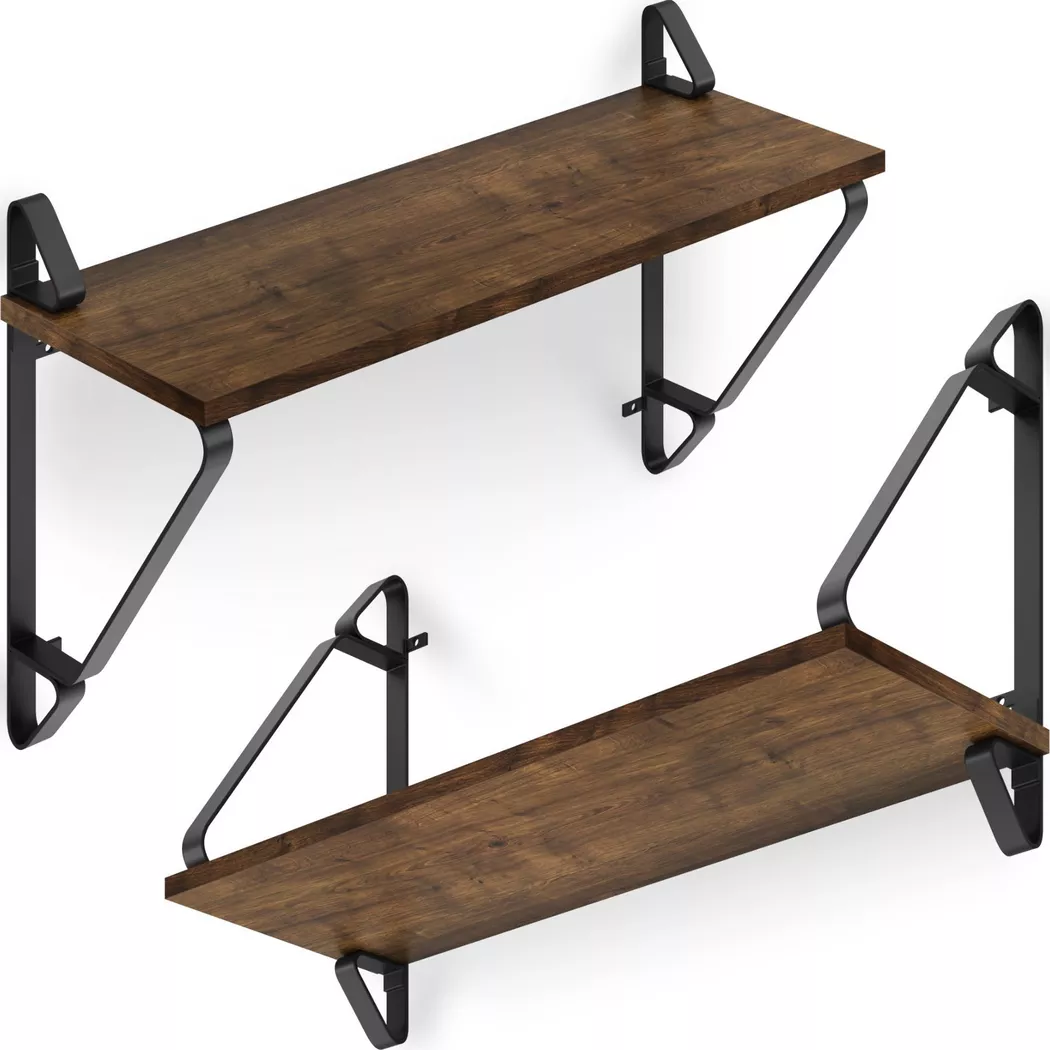 tectake Wall Shelves Irvine - Set Of 2, Wood & Metal Look, High Load-Capacity in Brown