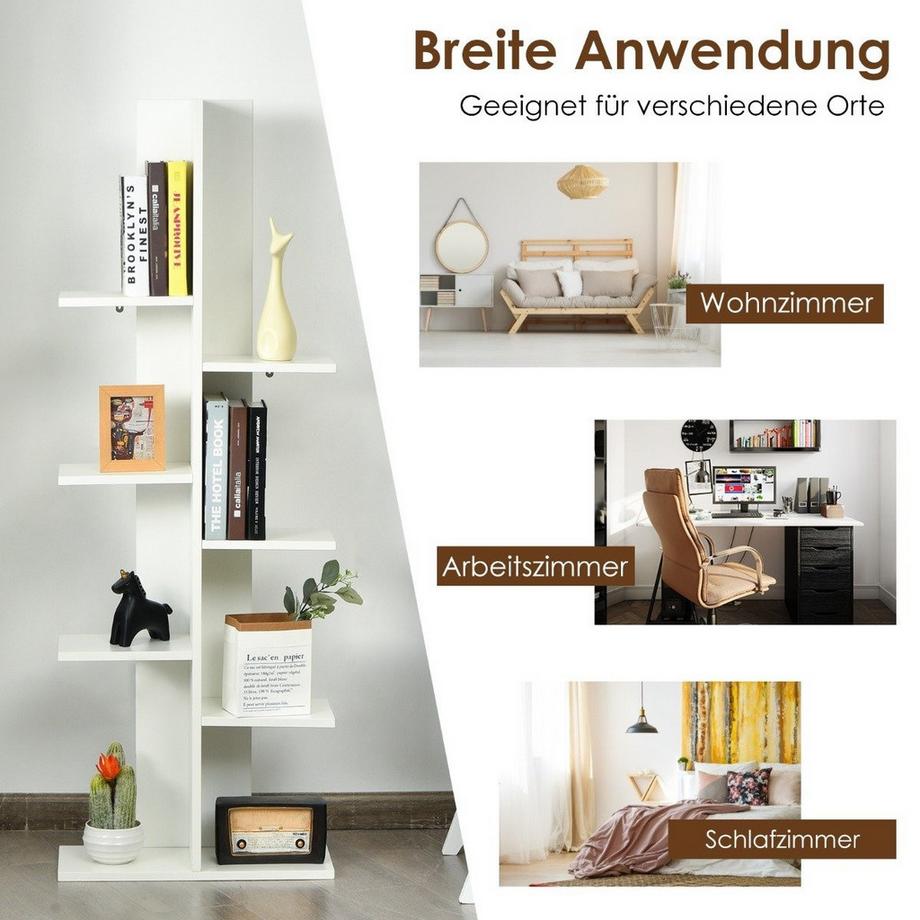 Northix Bücherregal in Baumform mit 8 Ablagen Freistehendes Standregal Büroregal 50 x 20 x 141 cm Weiß  