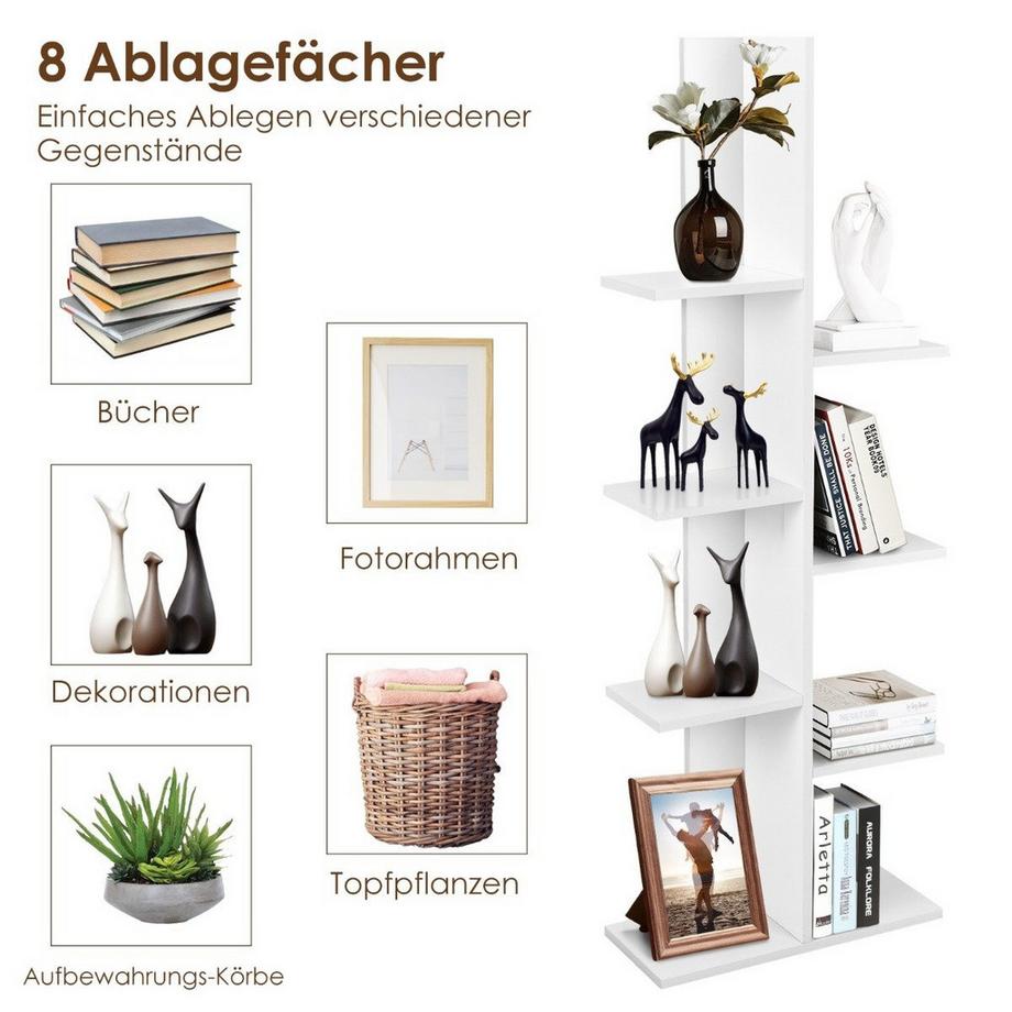 Northix Bücherregal in Baumform mit 8 Ablagen Freistehendes Standregal Büroregal 50 x 20 x 141 cm Weiß  