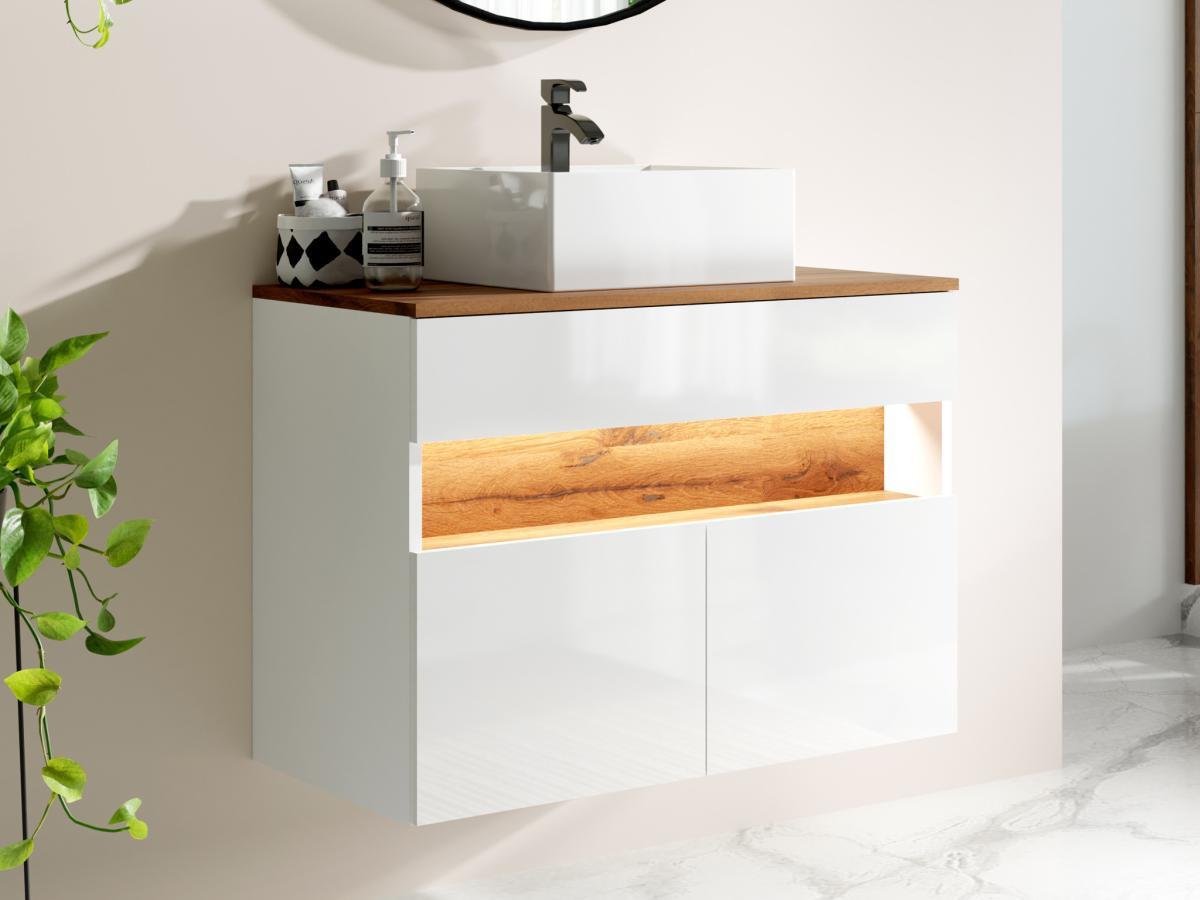 Vente-unique Waschbeckenunterschrank hängend mit Aufsatzwaschbecken - mit LED-Beleuchtung - Weiß & Holzfarben dunkel - 80 cm - POZEGA  