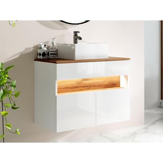 Vente-unique Mobile per il bagno sospeso a LED con lavabo da appoggio Bianco e Naturale scuro L80 cm POZEGA  