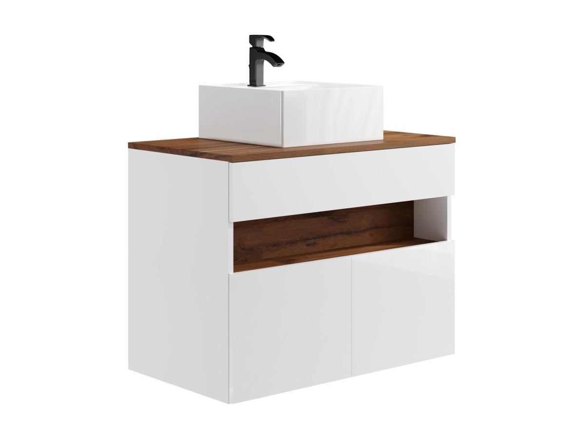 Vente-unique Waschbeckenunterschrank hängend mit Aufsatzwaschbecken - mit LED-Beleuchtung - Weiß & Holzfarben dunkel - 80 cm - POZEGA  