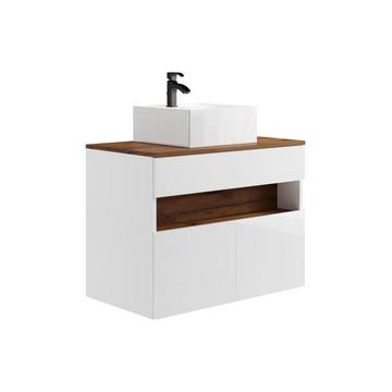 Waschbeckenunterschrank hängend mit Aufsatzwaschbecken - mit LED-Beleuchtung - Weiß & Holzfarben dunkel - 80 cm - POZEGA