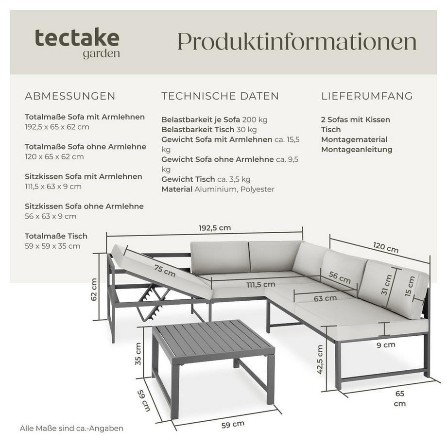 Tectake Aluminium Sitzgruppe Faro wetterfest Dicke der Sitzpolster 10 cm  