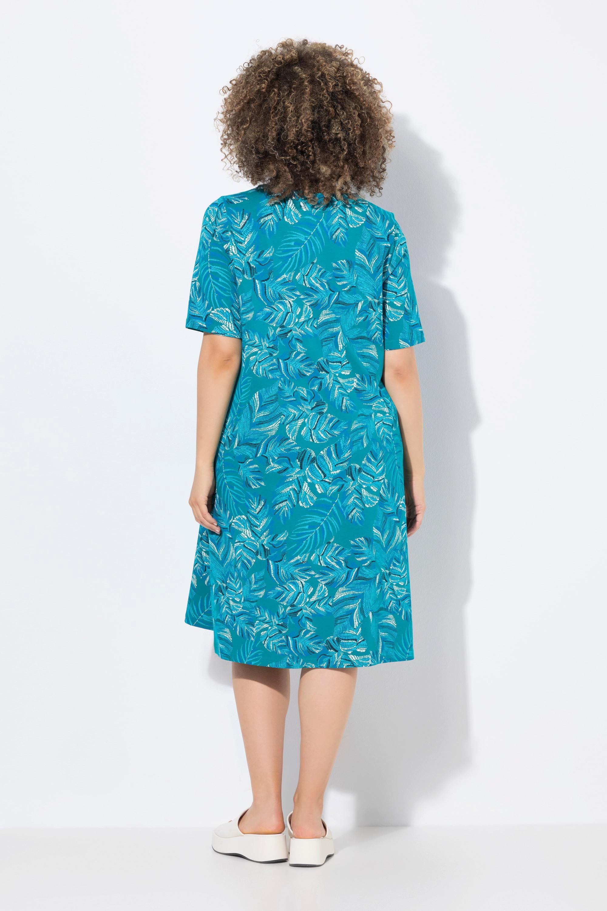 Ulla Popken Robe Jersey Coupe Évasée Imprimé Feuilles Col V Manches Courtes  