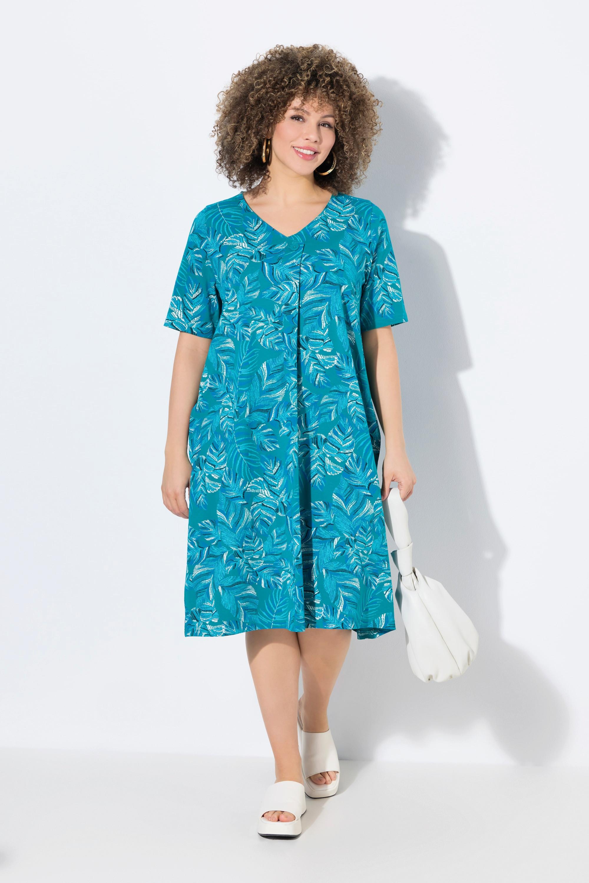 Ulla Popken Robe Jersey Coupe Évasée Imprimé Feuilles Col V Manches Courtes  