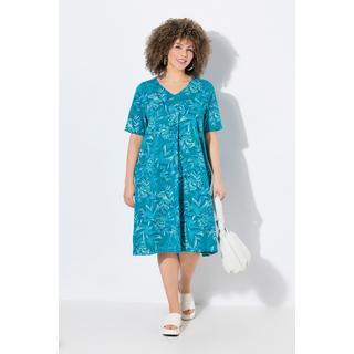 Ulla Popken Robe Jersey Coupe Évasée Imprimé Feuilles Col V Manches Courtes  