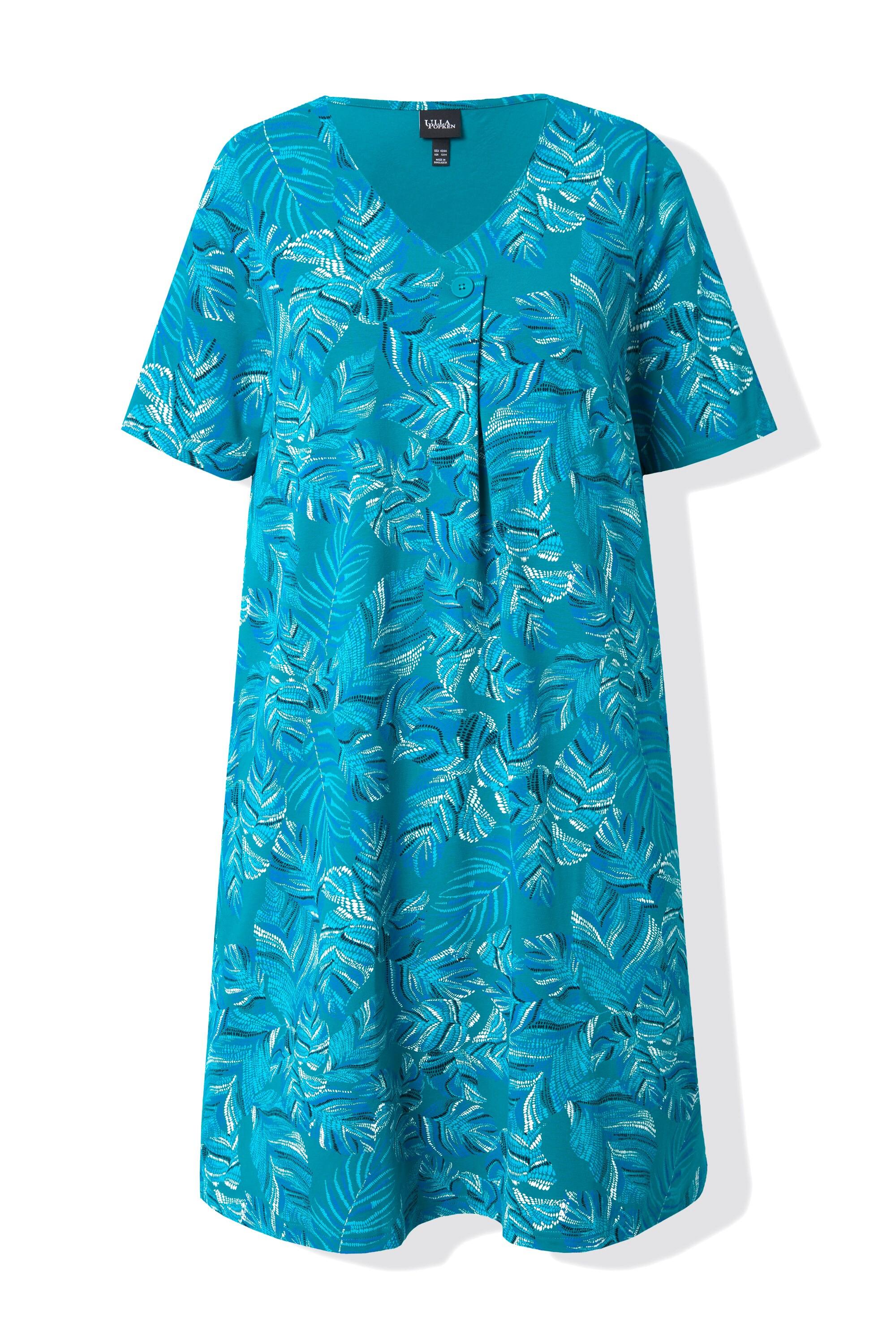 Ulla Popken Robe Jersey Coupe Évasée Imprimé Feuilles Col V Manches Courtes  