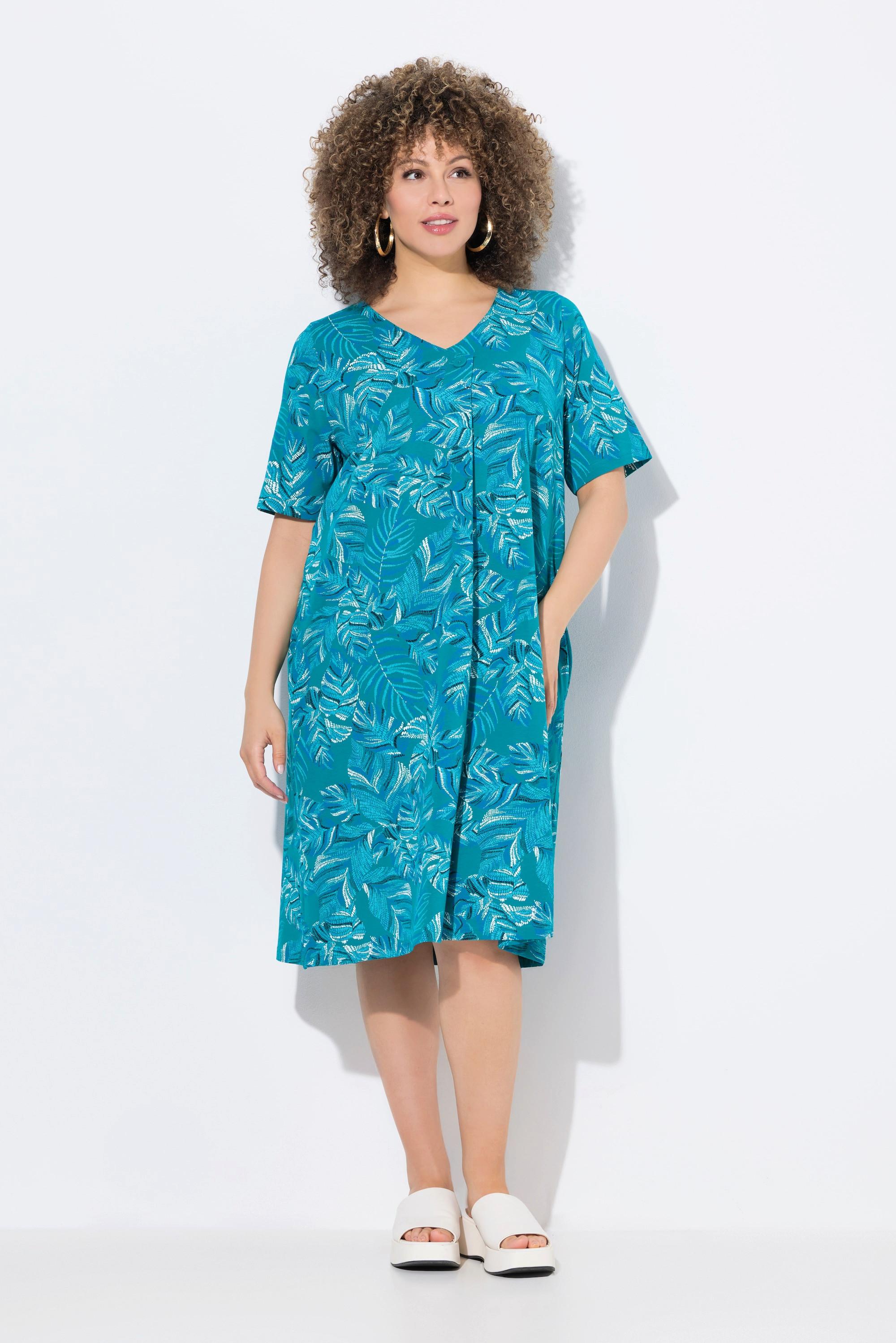 Ulla Popken Robe Jersey Coupe Évasée Imprimé Feuilles Col V Manches Courtes  