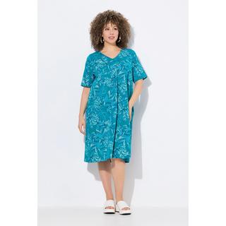 Ulla Popken Robe Jersey Coupe Évasée Imprimé Feuilles Col V Manches Courtes  