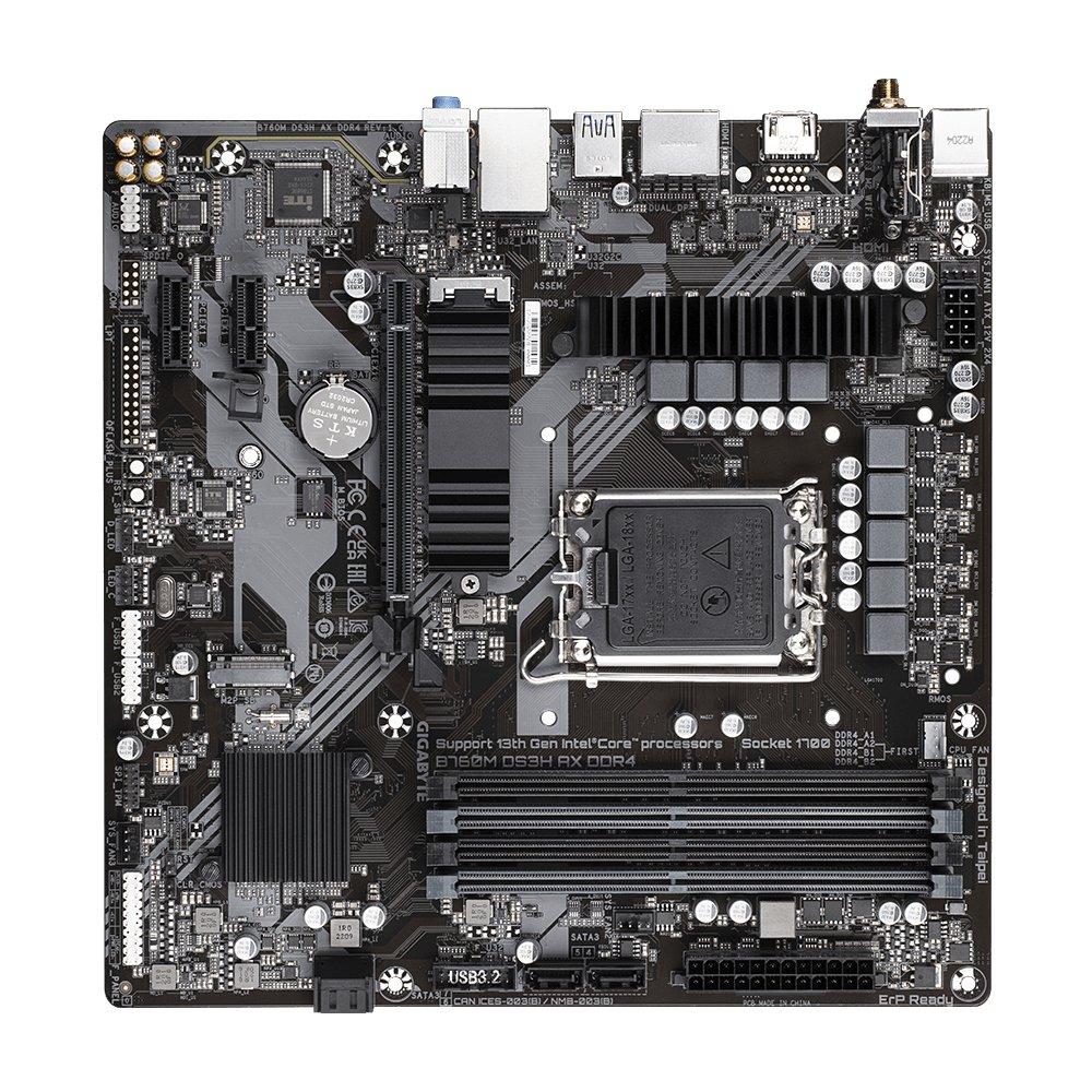 Gigabyte  B760M DS3H AX DDR4 Motherboard - Unterstützt Intel Core 14. Generation CPUs, 6+2+1 Phasen Digital VRM, bis zu 5333MHz DDR4 (OC), 2xPCIe 4.0 M.2, Wi-Fi 6E, 2.5GbE LAN, USB 3.2 Gen2 