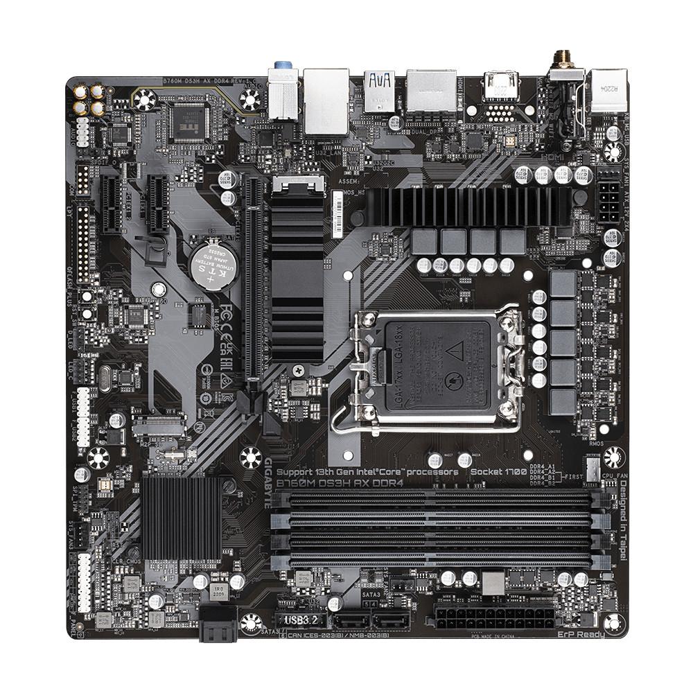 Gigabyte  B760M DS3H AX DDR4 Motherboard - Unterstützt Intel Core 14. Generation CPUs, 6+2+1 Phasen Digital VRM, bis zu 5333MHz DDR4 (OC), 2xPCIe 4.0 M.2, Wi-Fi 6E, 2.5GbE LAN, USB 3.2 Gen2 