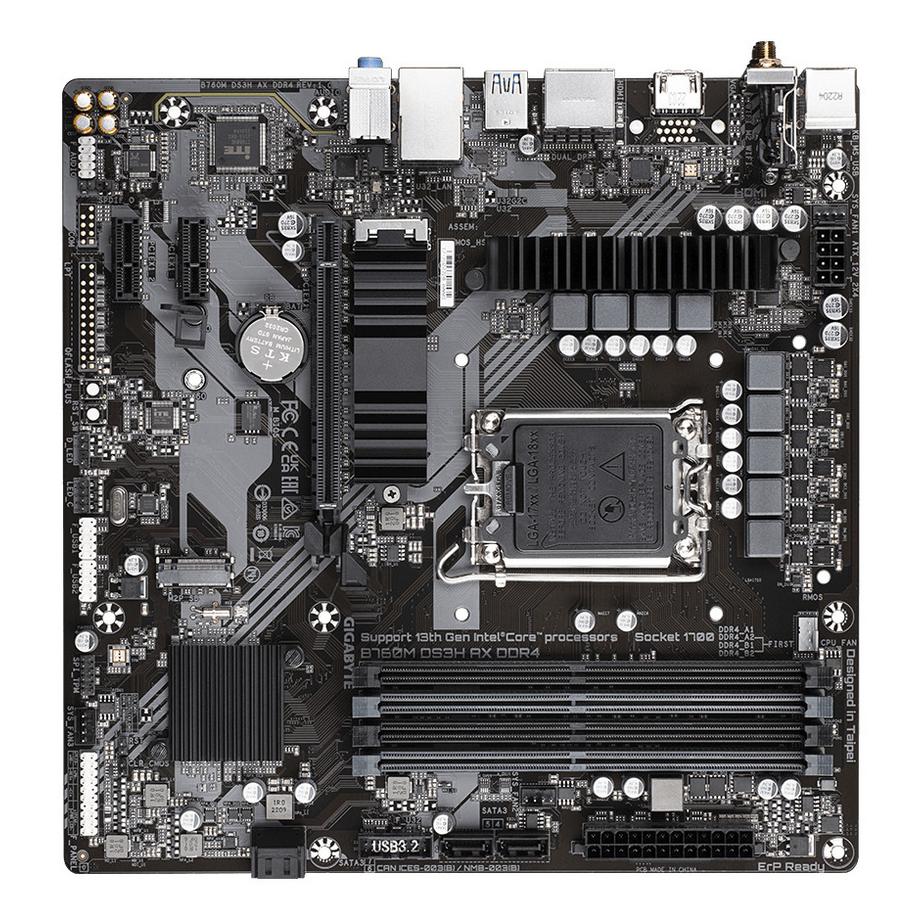 Gigabyte  B760M DS3H AX DDR4 Motherboard - Unterstützt Intel Core 14. Generation CPUs, 6+2+1 Phasen Digital VRM, bis zu 5333MHz DDR4 (OC), 2xPCIe 4.0 M.2, Wi-Fi 6E, 2.5GbE LAN, USB 3.2 Gen2 