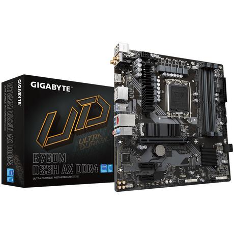 Gigabyte  B760M DS3H AX DDR4 Motherboard - Unterstützt Intel Core 14. Generation CPUs, 6+2+1 Phasen Digital VRM, bis zu 5333MHz DDR4 (OC), 2xPCIe 4.0 M.2, Wi-Fi 6E, 2.5GbE LAN, USB 3.2 Gen2 