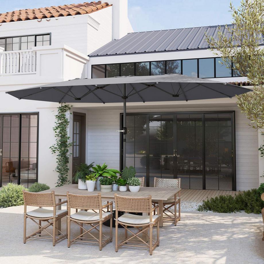 Northio Parasol double 436 x 260 cm, protection UV en acier avec manivelle, parasol de balcon ovale, parasol de plage, coupe-vent, stable, parasol de marché, parasol à manivelle pour plage, balcon, jardin, gris foncé  