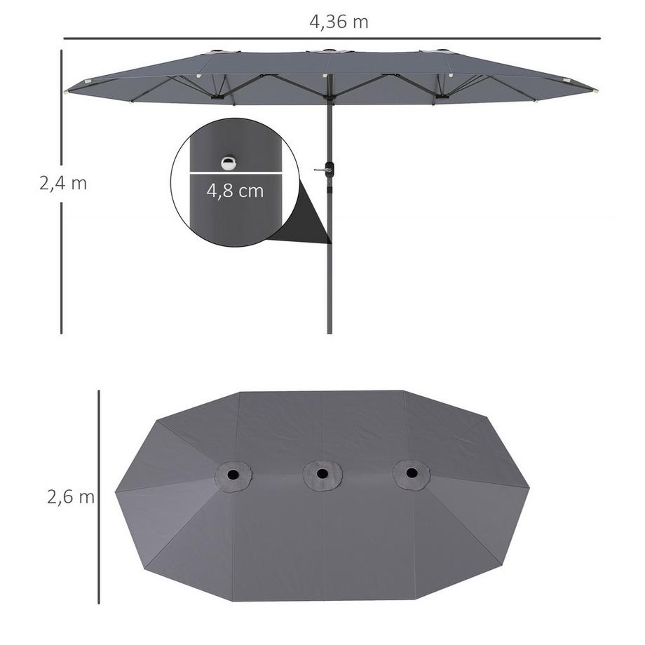 Northio Parasol double 436 x 260 cm, protection UV en acier avec manivelle, parasol de balcon ovale, parasol de plage, coupe-vent, stable, parasol de marché, parasol à manivelle pour plage, balcon, jardin, gris foncé  