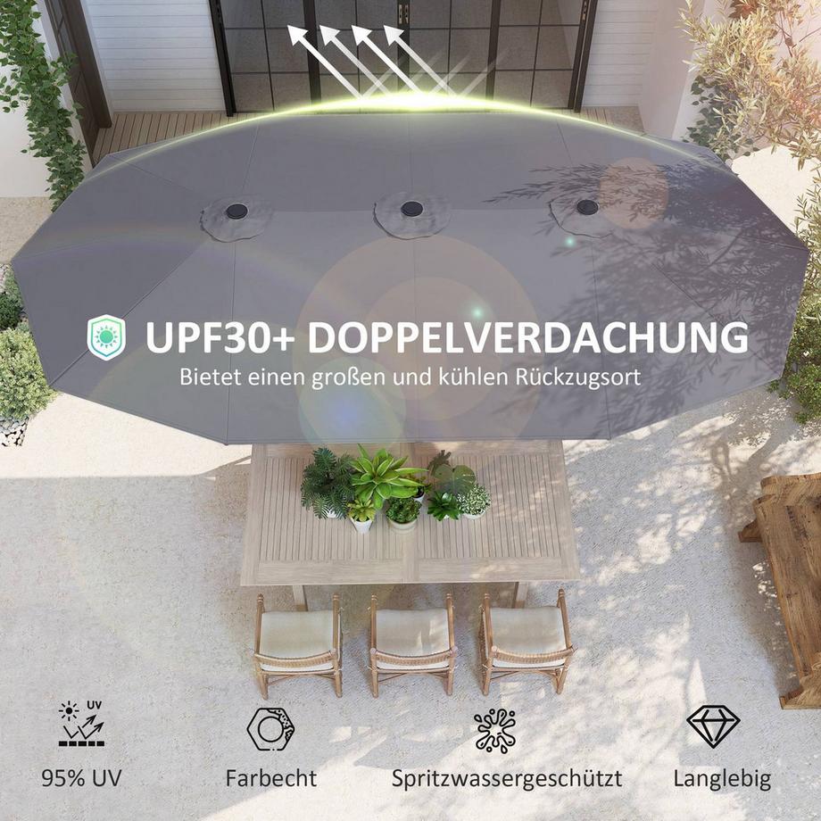 Northio Parasol double 436 x 260 cm, protection UV en acier avec manivelle, parasol de balcon ovale, parasol de plage, coupe-vent, stable, parasol de marché, parasol à manivelle pour plage, balcon, jardin, gris foncé  