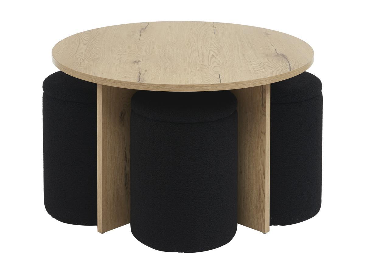 Vente-unique Table basse en MDF + 4 poufs en tissu bouclette - Naturel et noir - AKSAY  