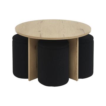 Table basse en MDF + 4 poufs en tissu bouclette - Naturel et noir - AKSAY