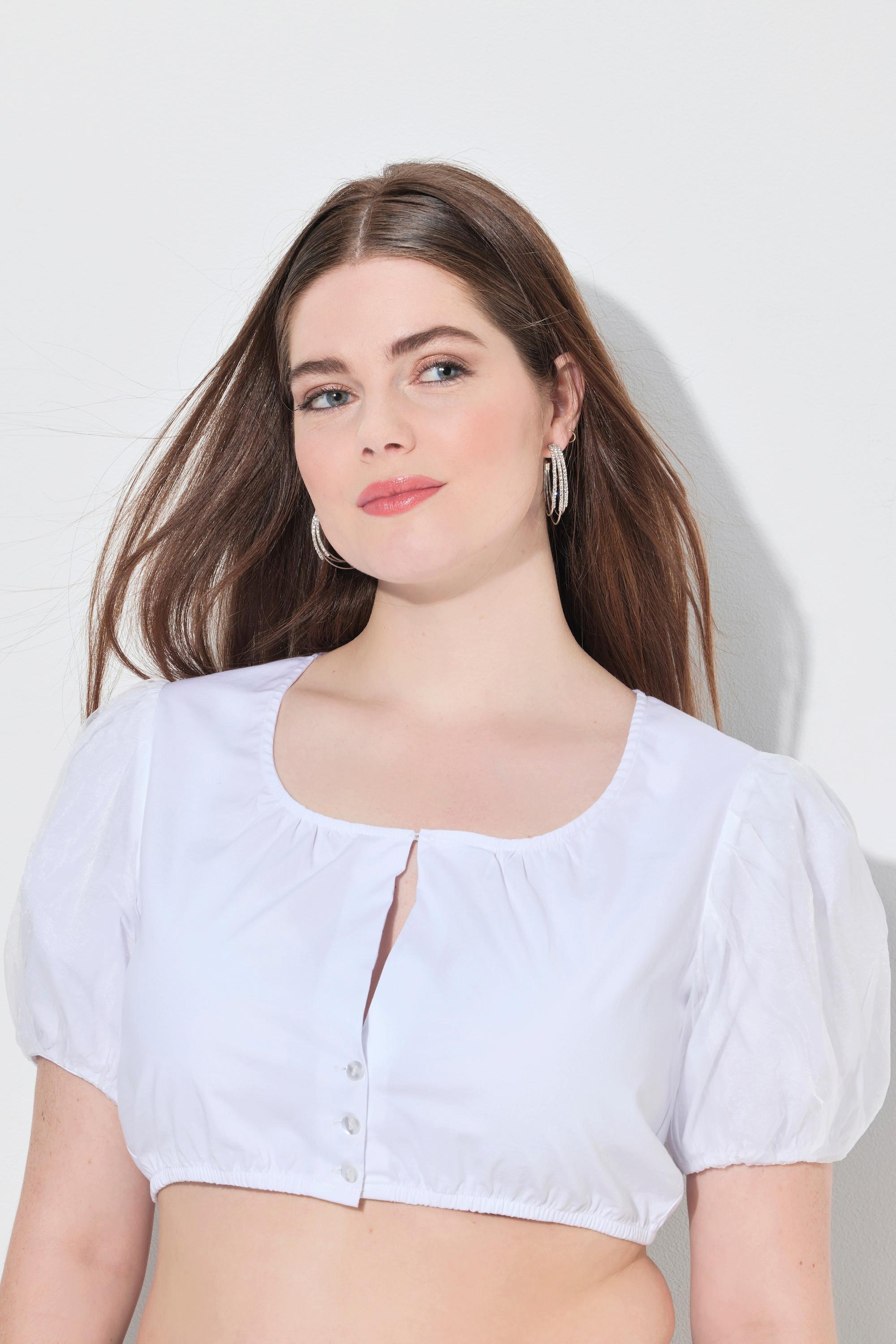 Ulla Popken Camicetta Dirndl Scollo Rotondo Mezze Maniche Ample in Tulle Orlo Elastico  