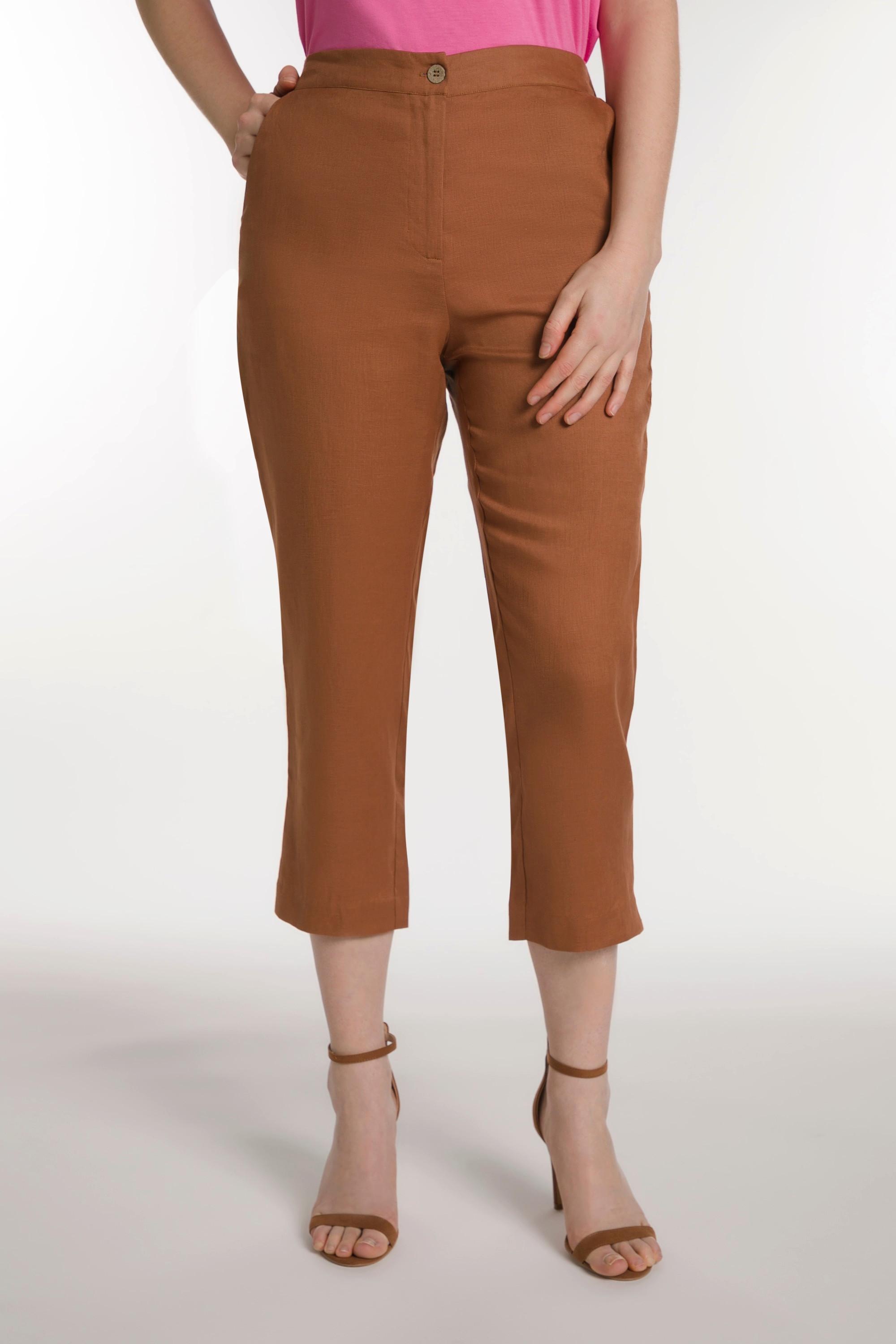 Ulla Popken  Pantaloni a 3/4 di lino con cintura comfort, taglio della gamba dritto e spacchetti 