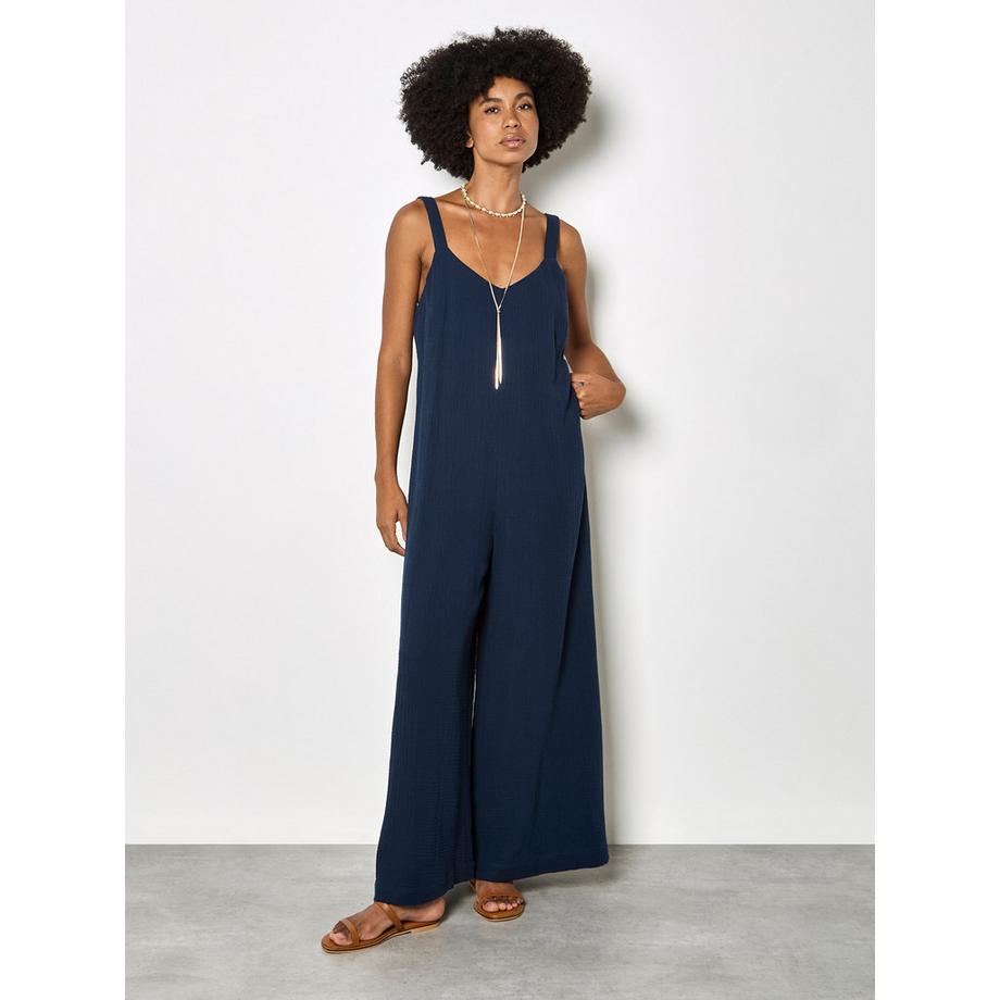 Jumpsuit aus strukturierter Baumwolle mit weitem Bein